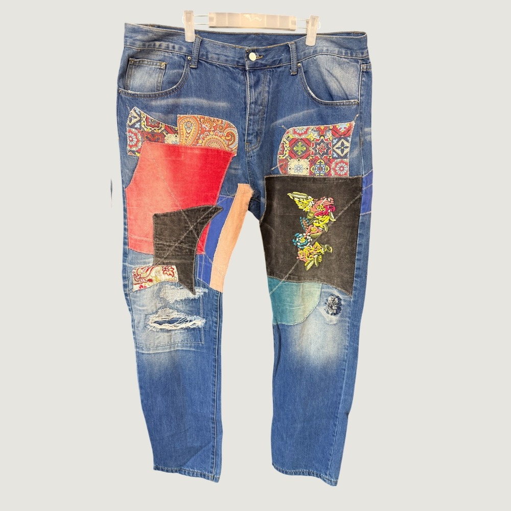 mnml Patchwork Denim Jeans Women 40 Blue Multi Floral Paisley Distressed